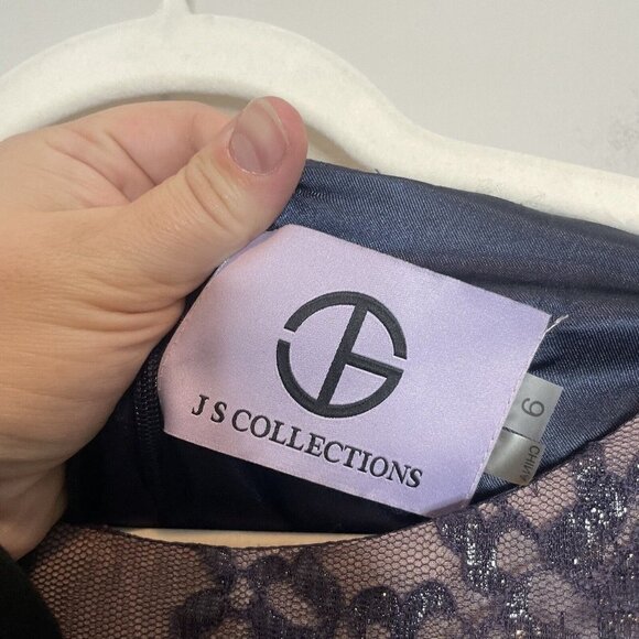 JS Collections Navy Nude Lace Belted Knee Length Formal Dress Short Sleeve Sz 6 - Picture 3 of 9